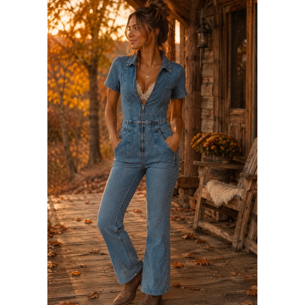 Free People We The Free Marci Denim Jumpsuit Medium Wash Flare Leg Size M